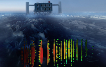 A recording of a neutrino event superimposed on an image of the IceCube Neutrino Observatory
